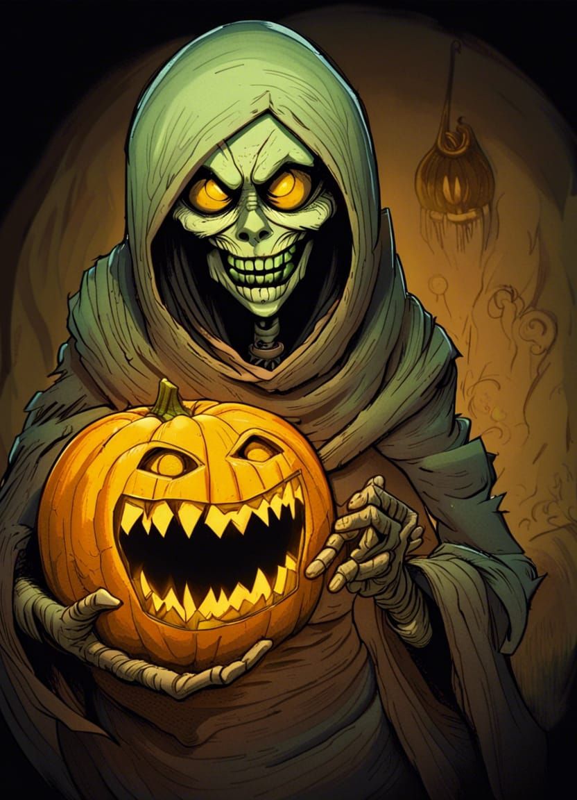 Smiling Mummy with Glowing Pumpkin in Inkpunk Style
