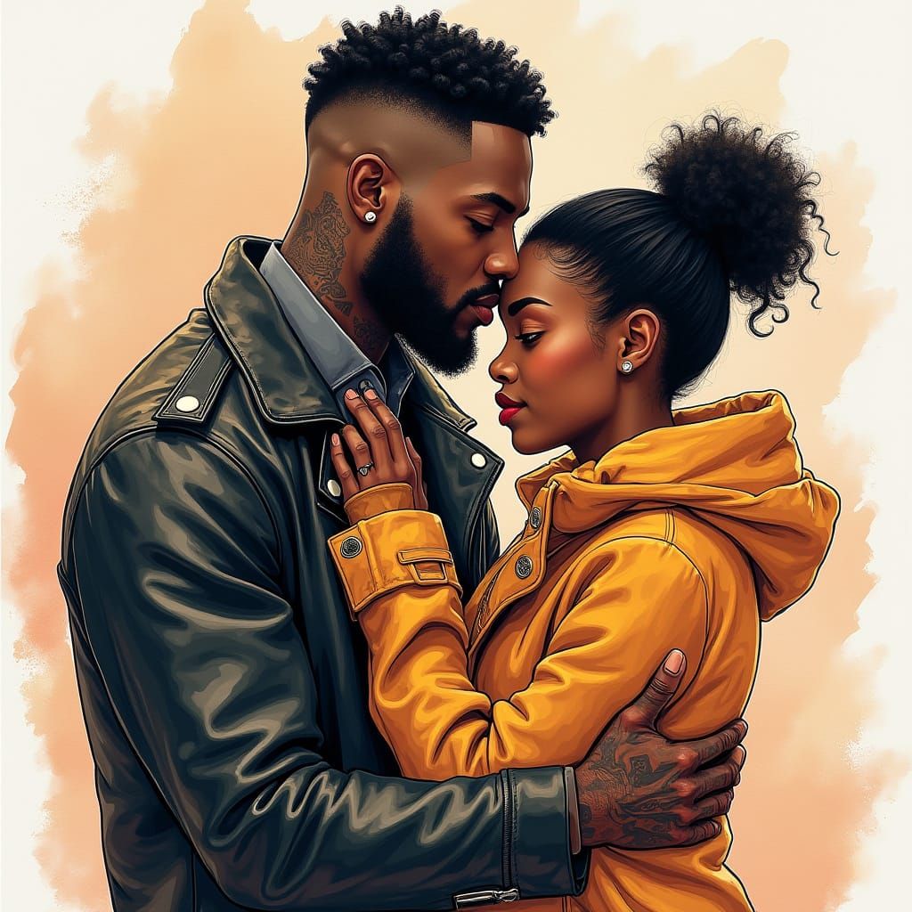 Tattooed Lovers in Tender Embrace