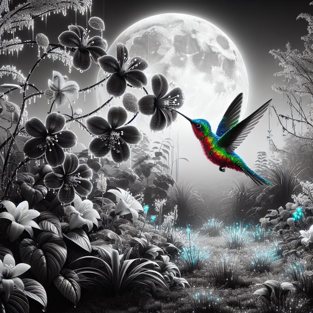 Neon Hummingbird in Cyberpunk Fairy Garden