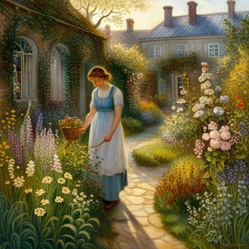 Enchanted Morning Garden with Wildflowers and Birds