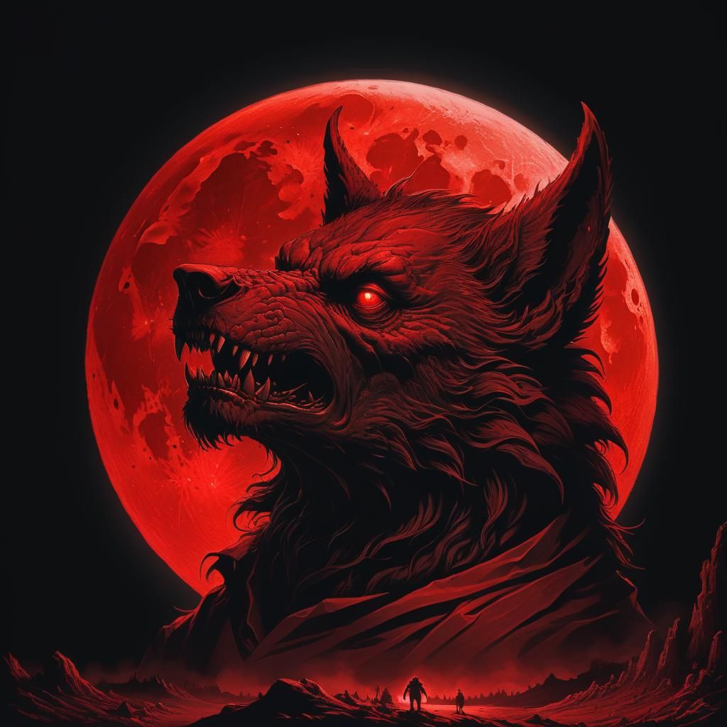 Vibrant Red Werewolf Under a Glowing Moon