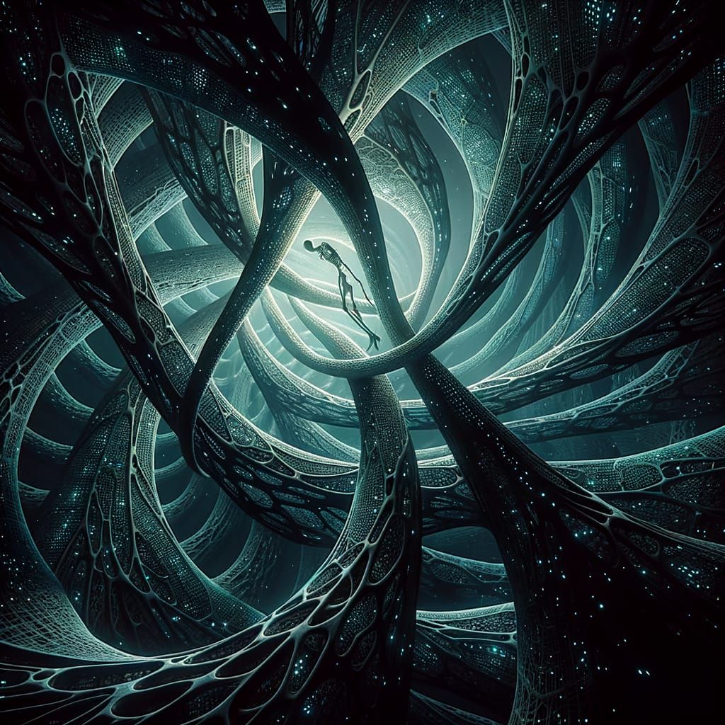 Ethereal, Bioluminescent Beings Entwine in Cosmic Geometry