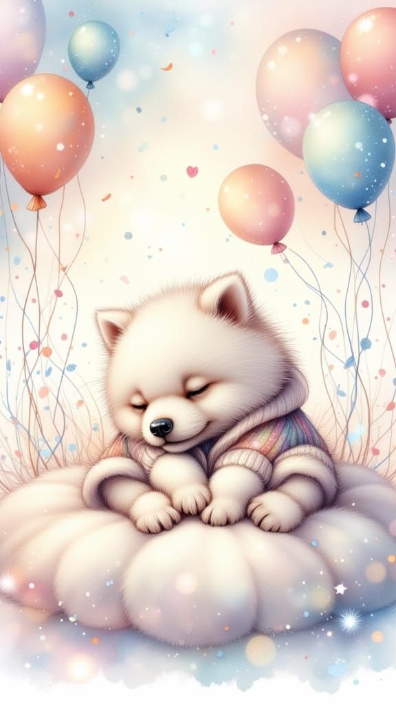 Samoyed Puppy Napping on a Cotton Candy Cloud
