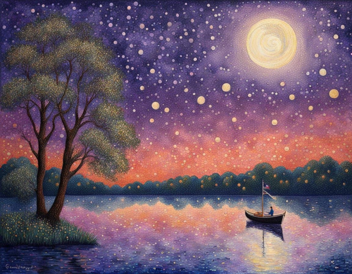 Moonlit Lake in Vibrant Pointillism