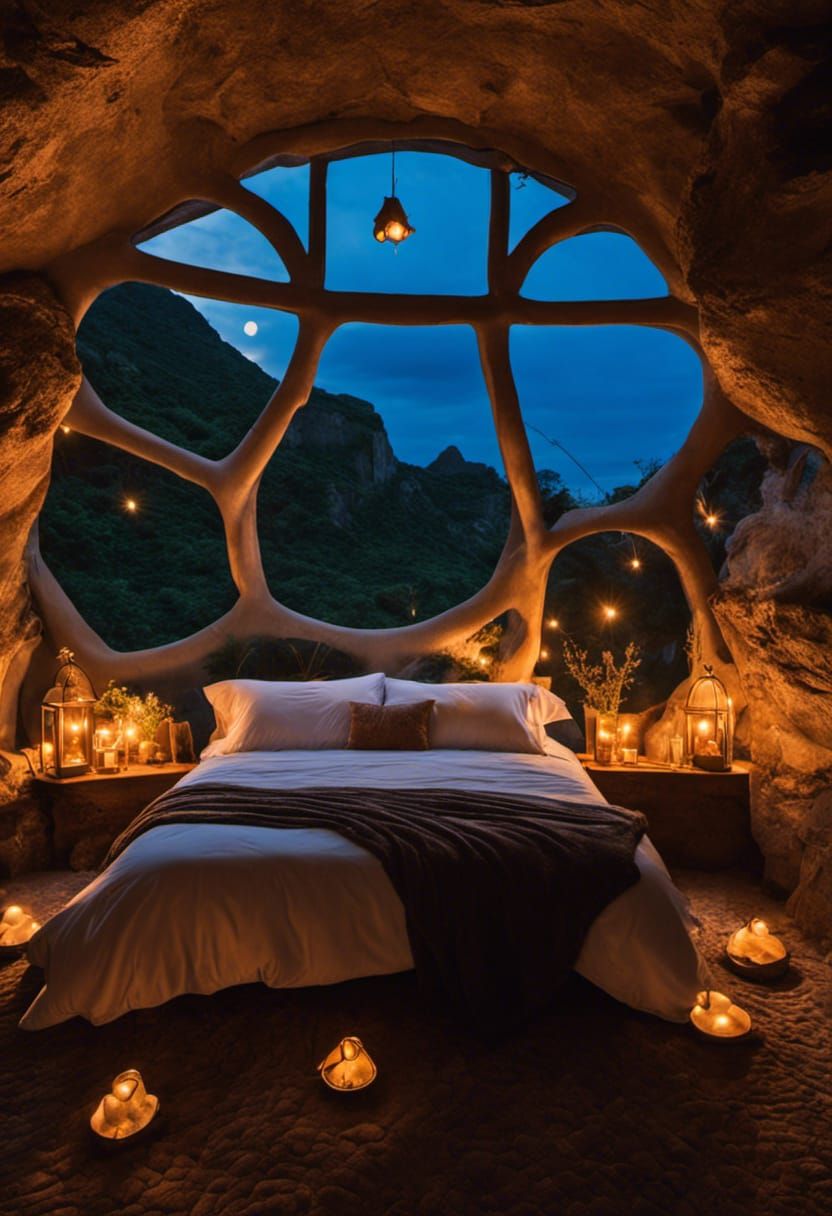 Surreal Cave Bedroom with Twilight Beach View