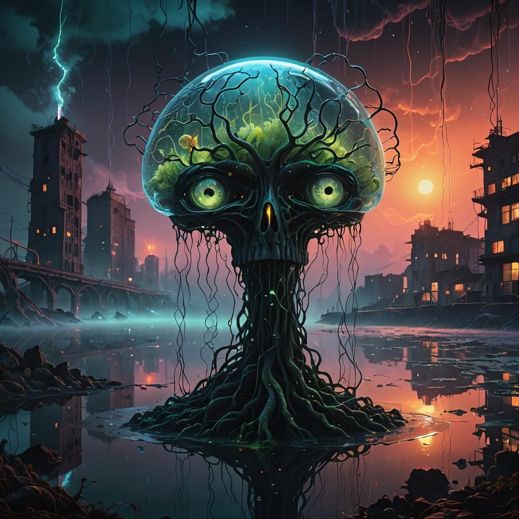 Beksiński-Inspired Bioluminescent Glass Brain in Dark Fantas...