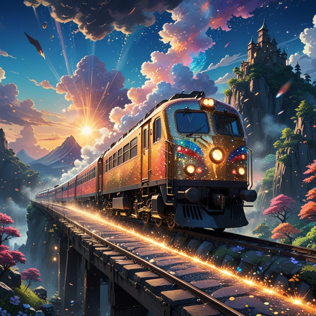 Golden Train Ascends Enchanted Path in Vibrant Anime Style