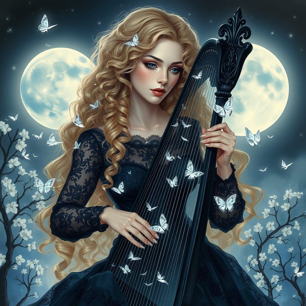 Enchanting Woman Plays Crystalline Harp Under Full Moon