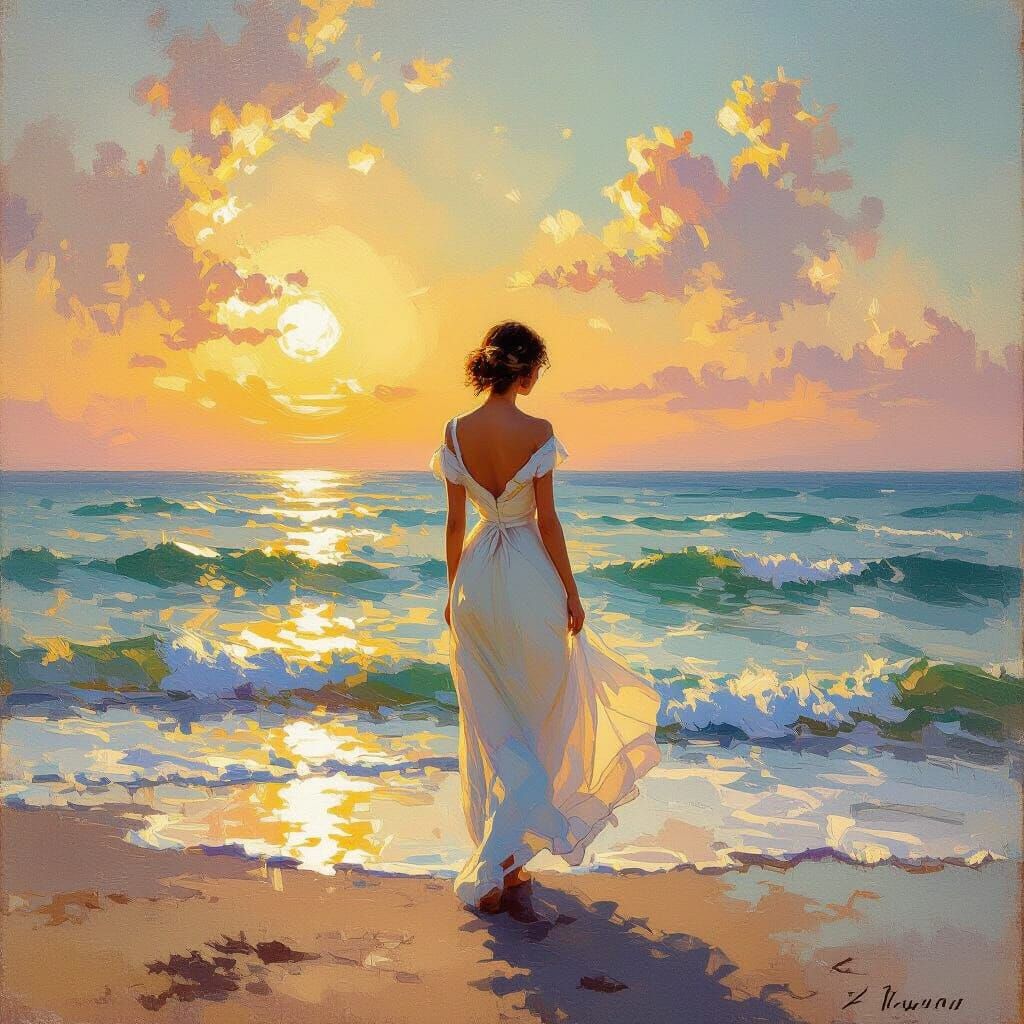 Seaside Serenity: Woman in Sunlight, Romantic Style
