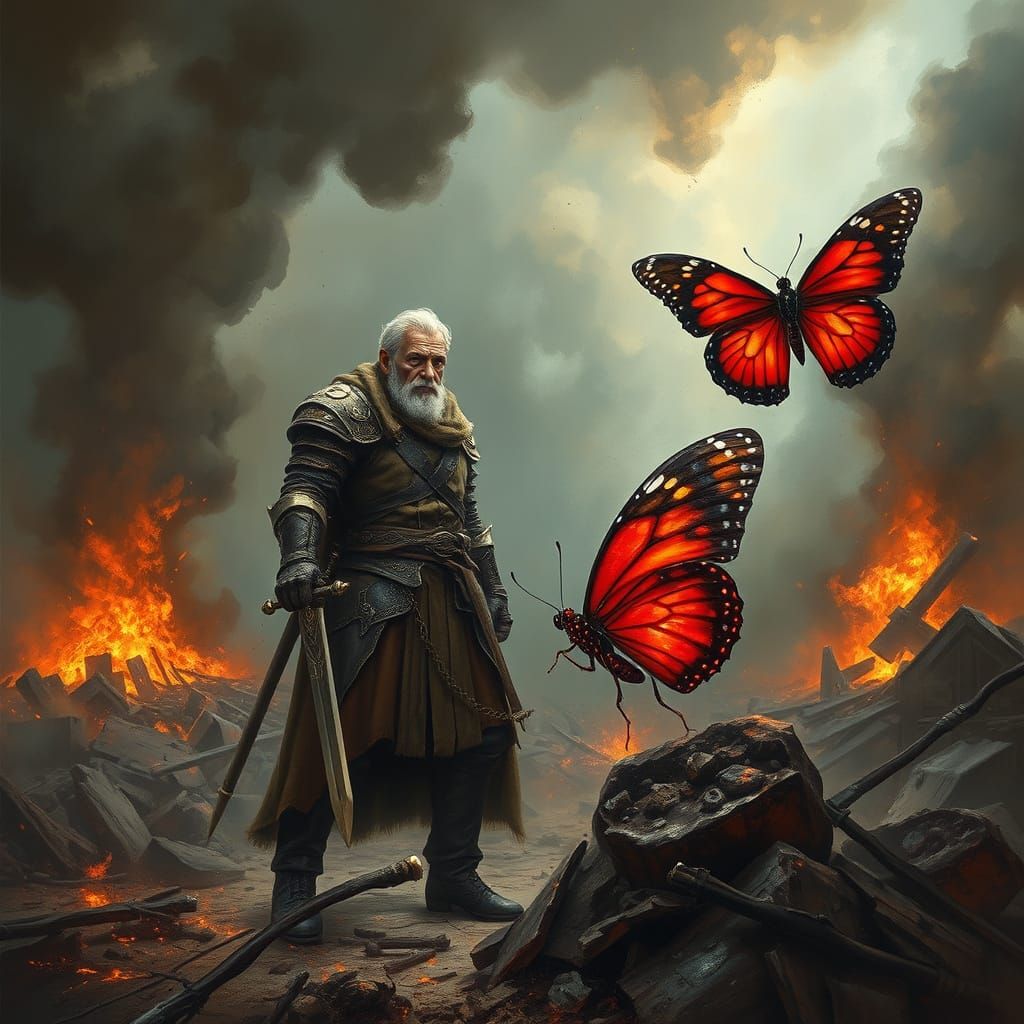 Heroic Warrior Stands Tall in Smoldering Ruins
