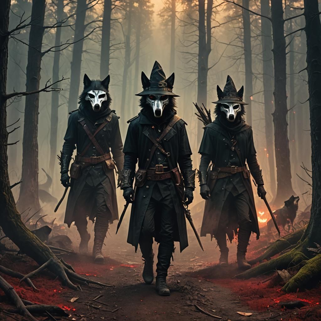 Wolves in Plague Mask and Witch Hat: Dark Fantasy Art