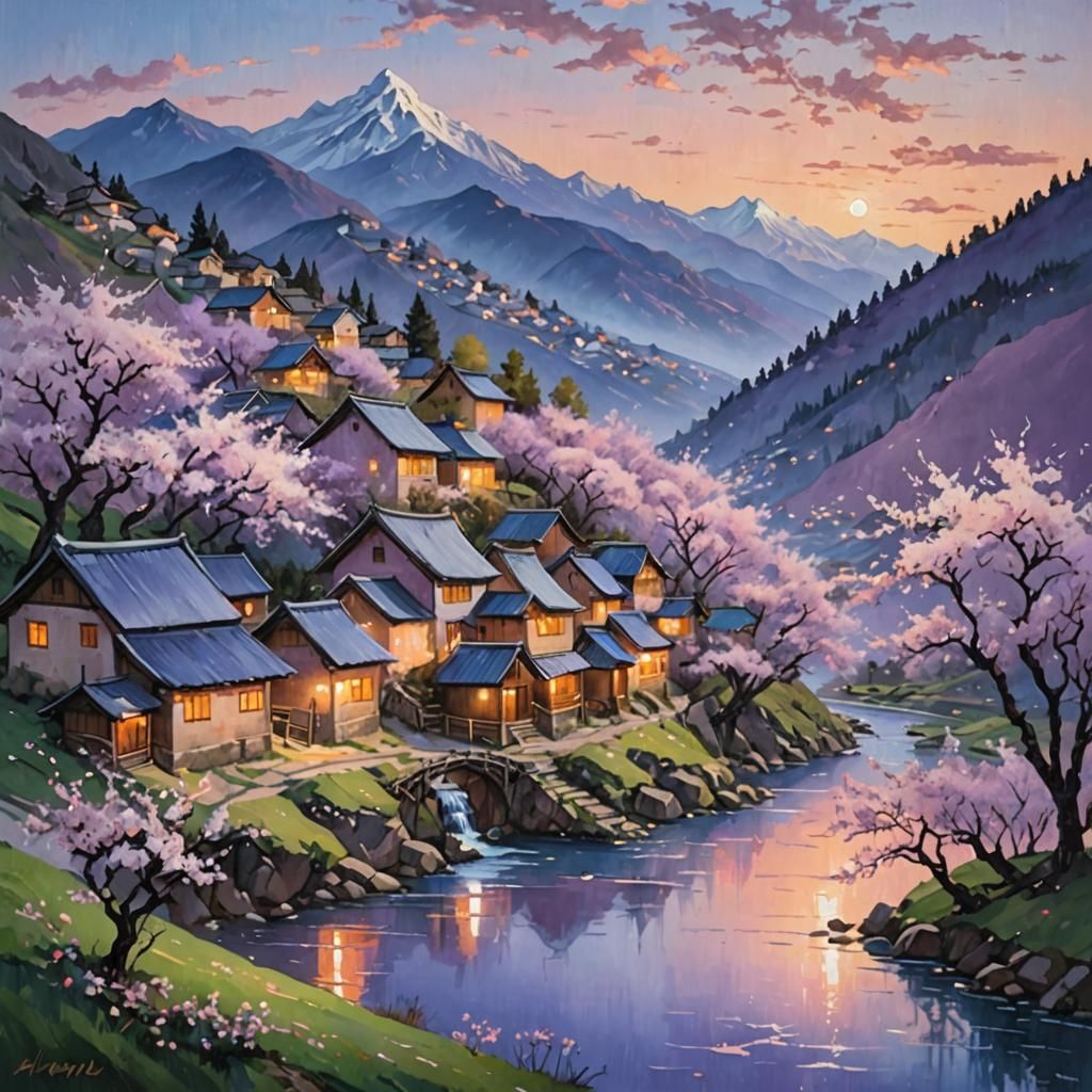 Mountain Village at Twilight in Romantic Style