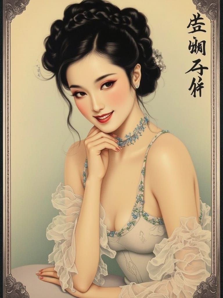 Elegant Japanese Woman in a Vintage, Surreal Setting
