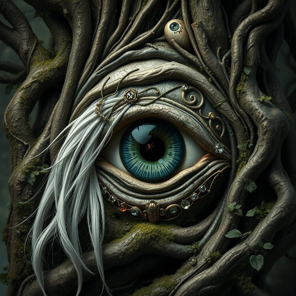 Stone Eye in Mystical Forest: Giger and Mucha Inspired