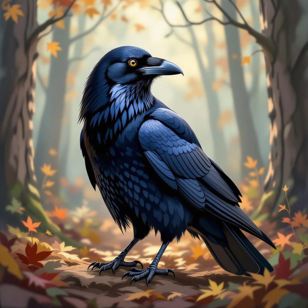 Majestic Raven in Forest Clearing, Impasto Gouache Style