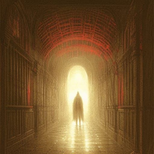 Eerie Red Hallway with Eyes, in Gothic Horror Style