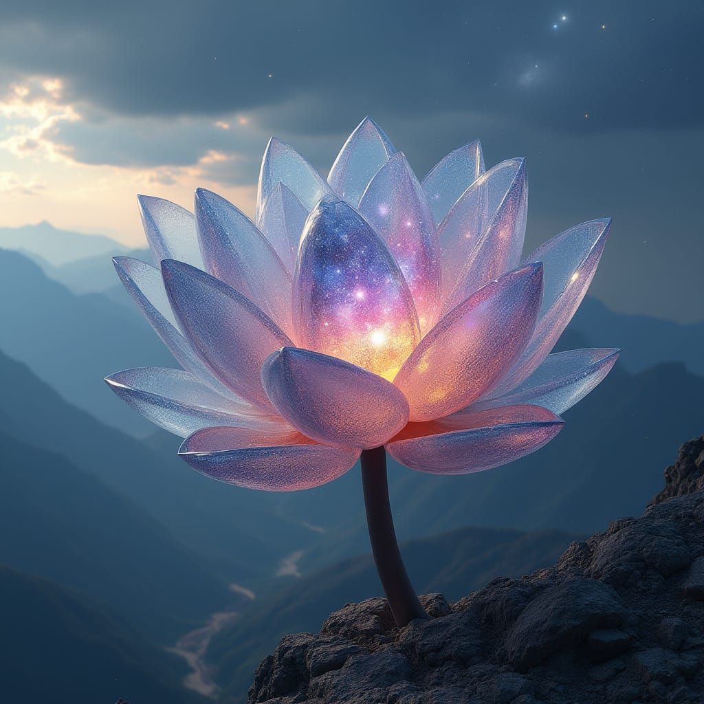 Crystal Lotus Flower Blooms from Mountain Peak in Celestial ...