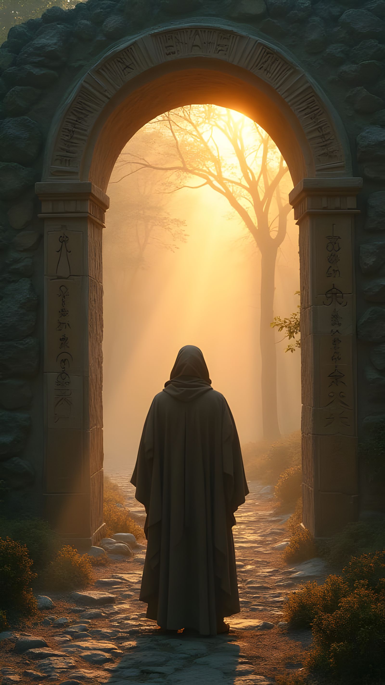 Mystical Traveler at Rune-Carved Archway