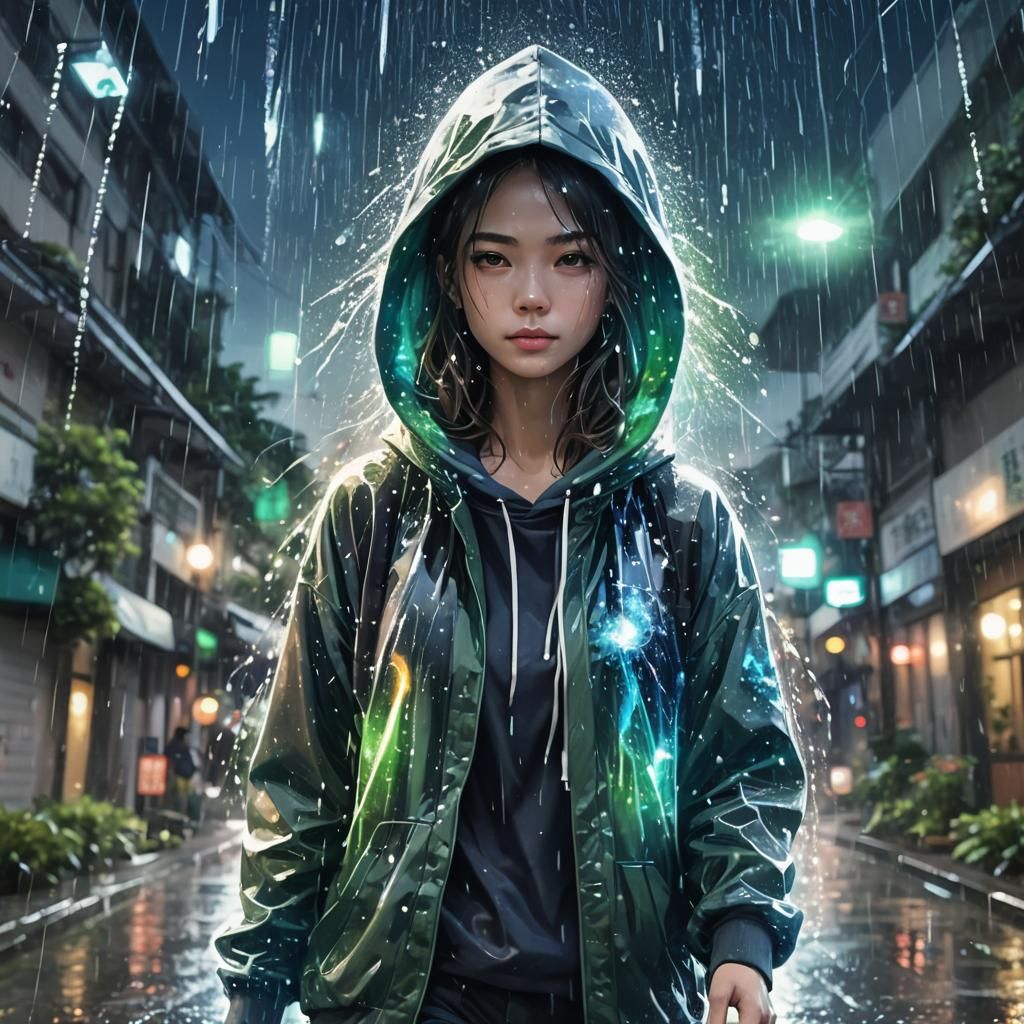 Woman in Rain with Dreamy Glowing Effect