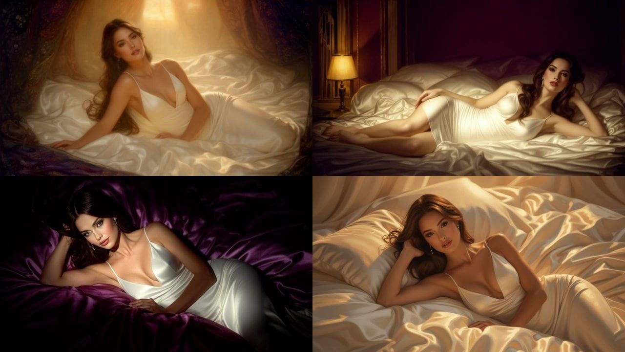 Beautiful Woman in White Dress on Satin Sheets
