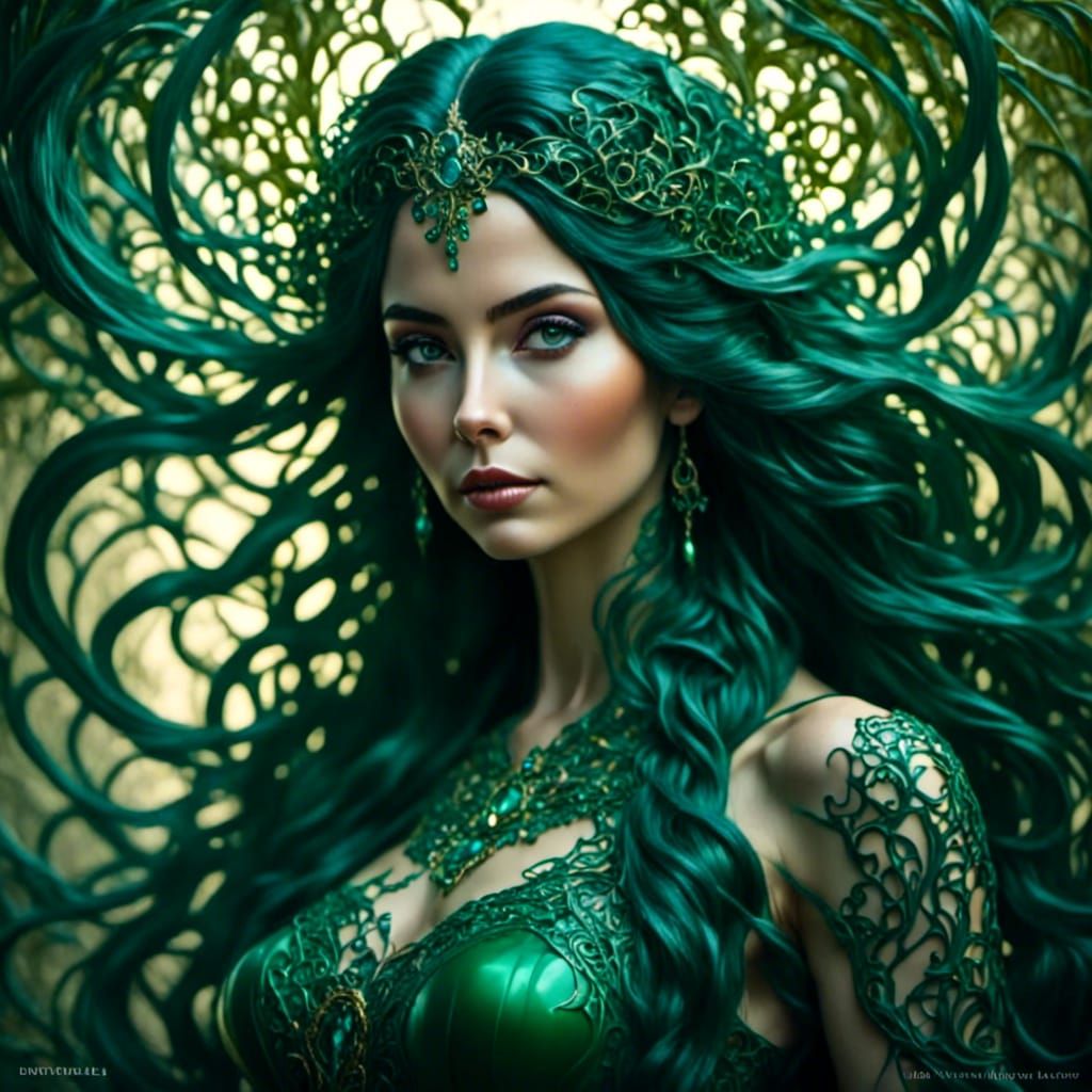 <lora:The shine of latex:1.0> <lora:G Filigree:1.0> Beautiful Woman with long dark green hair