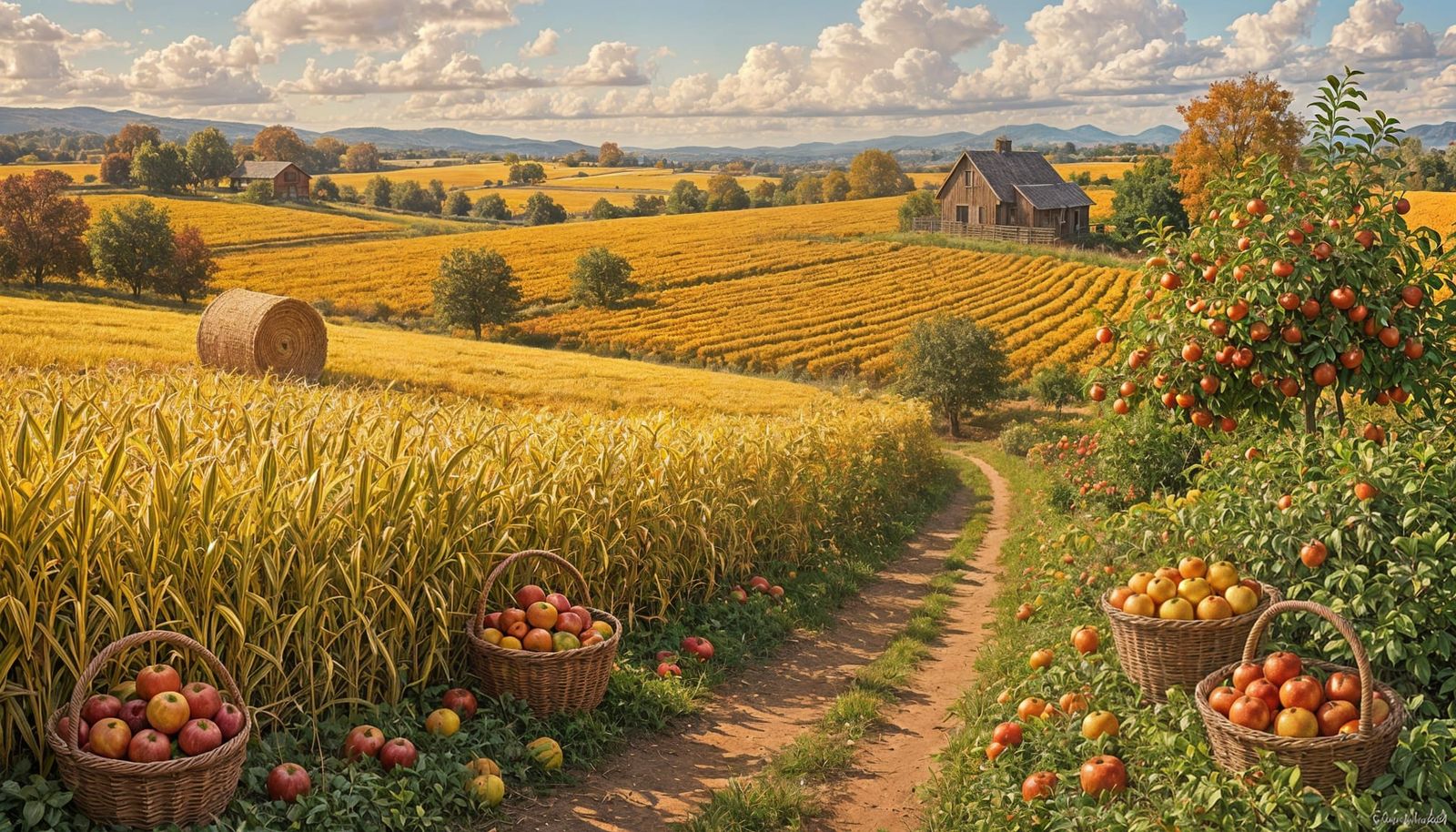 Vibrant Autumn Harvest Scene with Golden Fields and Orchards