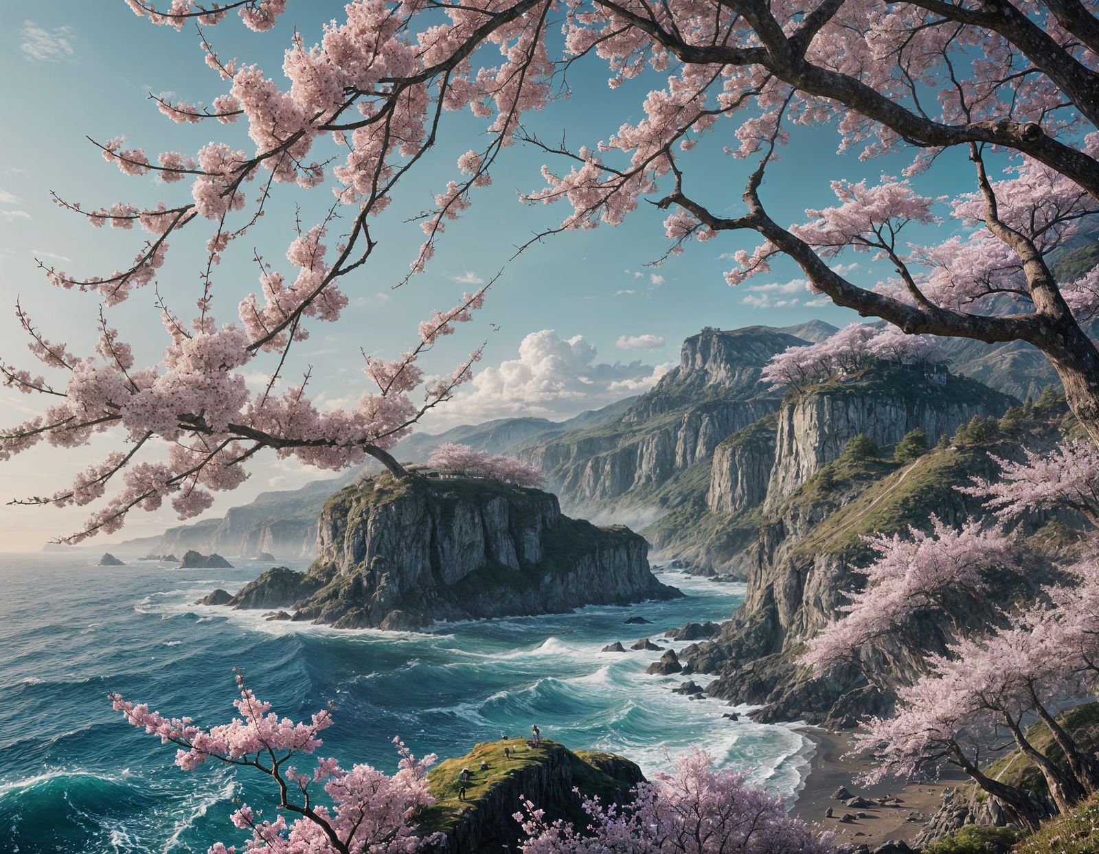 Cliffs and Cherry Blossoms by the Ocean