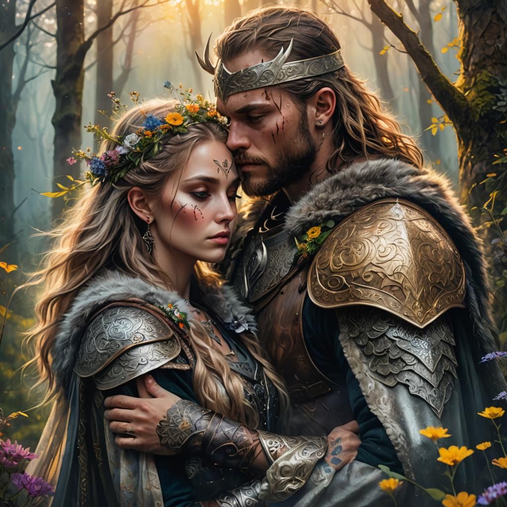 Viking Warrior's Embrace in Mystical Forest