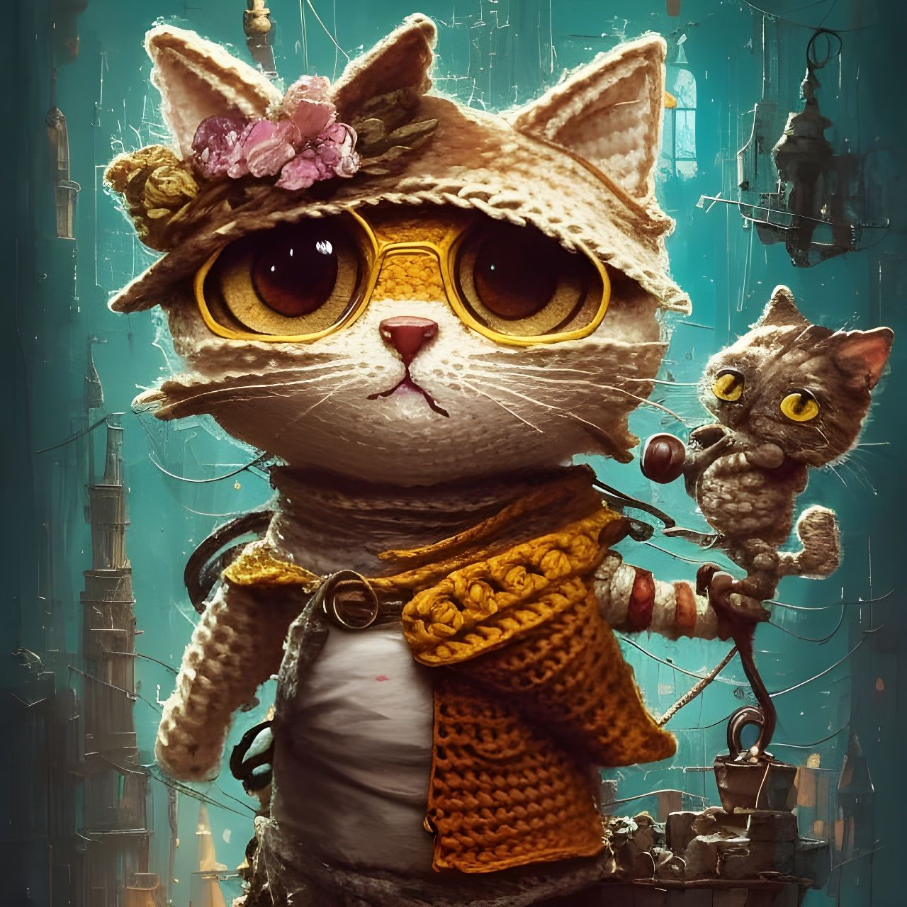 Hyper-Detailed Crochet Cat in 3D Comic Pop Art