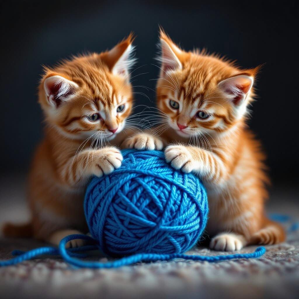 Two Orange Kittens Playfully Fighting Over Blue Yarn
