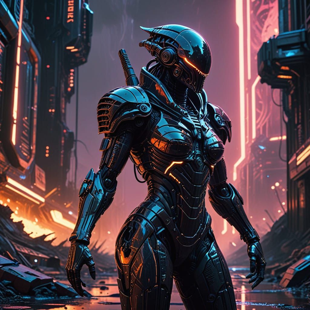 Cyberpunk Warrior Unleashes Dystopian Fury