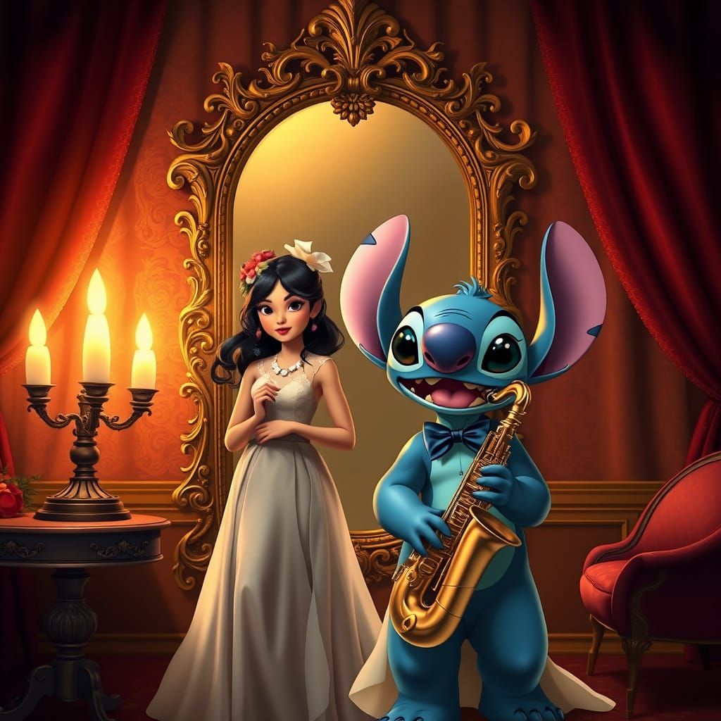 Lilo and Stitch Play Saxophone in Art Nouveau Style