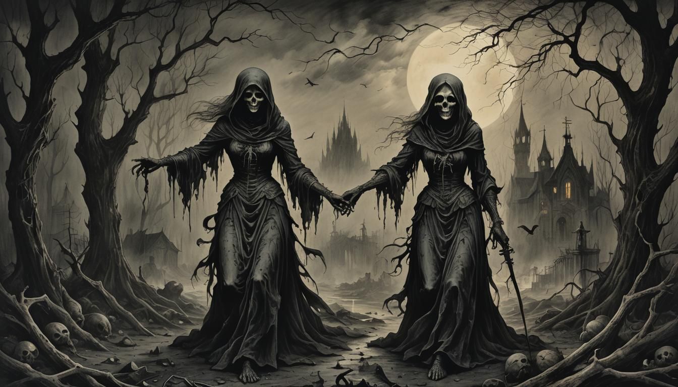 Horrified Woman in Dark Gothic Macabre Scene