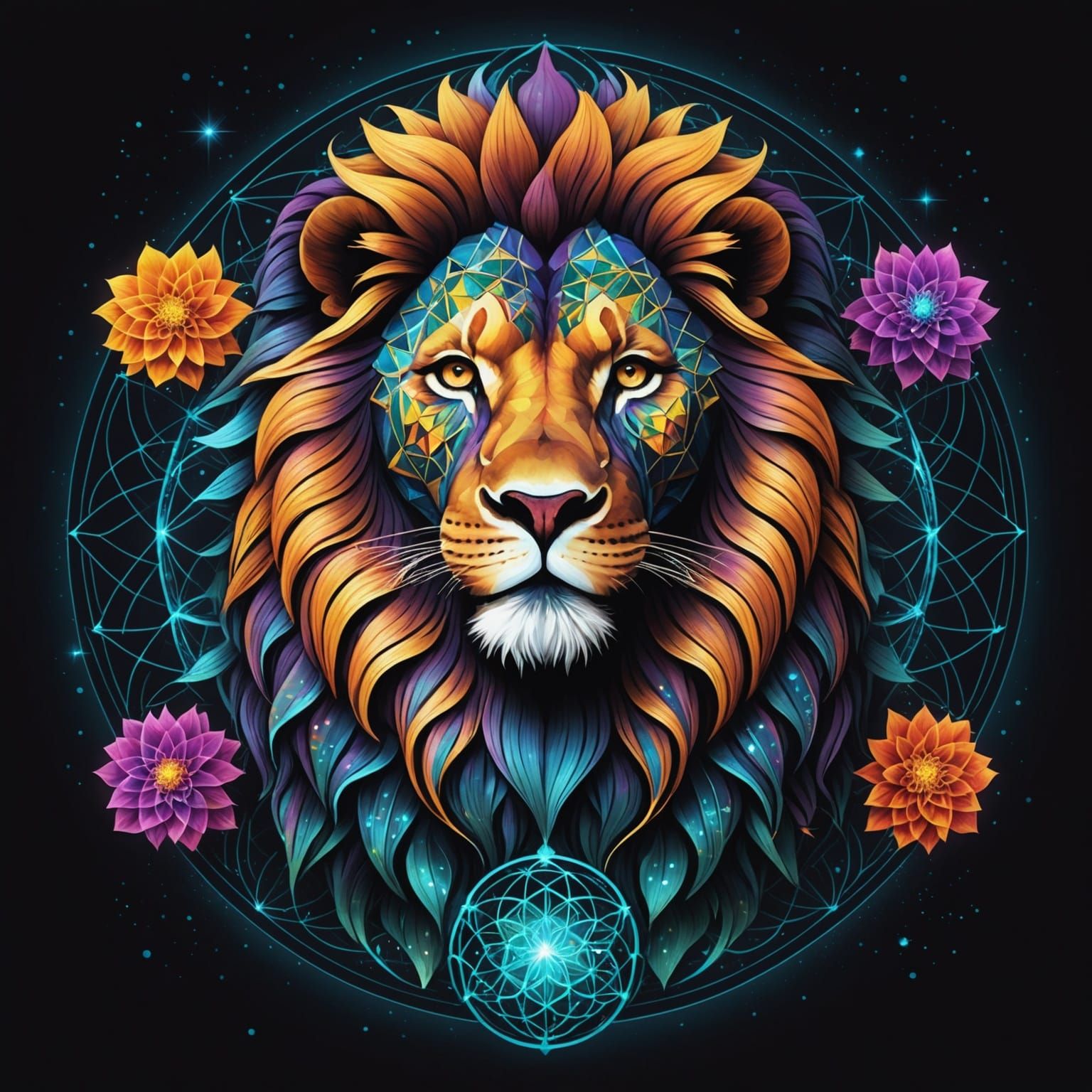 Vibrant Lion Illustration with Bioluminescent Astral Art