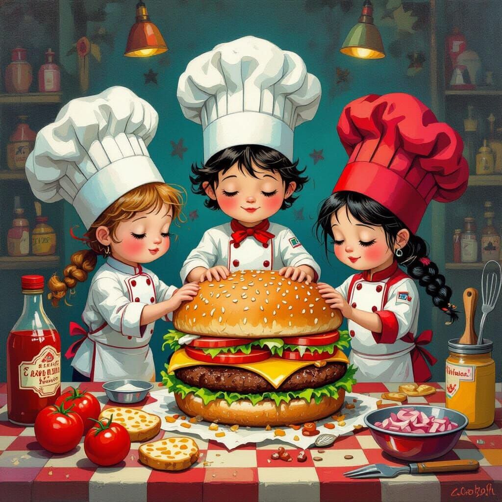 Little Chefs Prepare Giant Burger in Surreal Pop Art Style