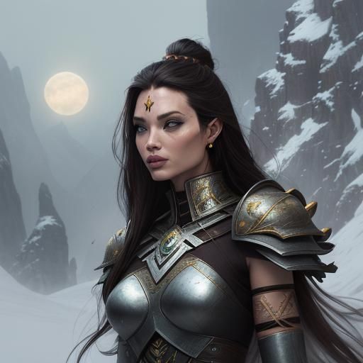 Barbarian Warrioress and Yak on Snowy Ledge