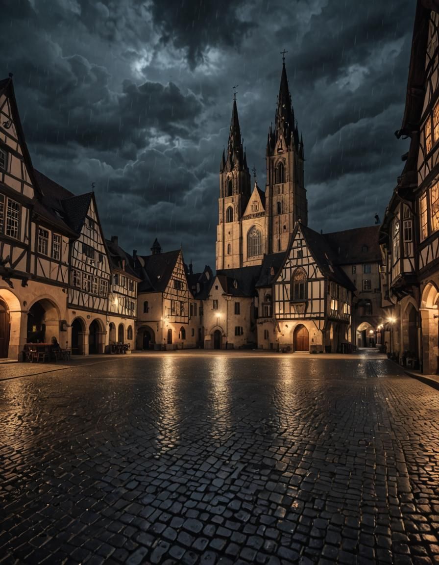 Mystical Night in Medieval Town Square
