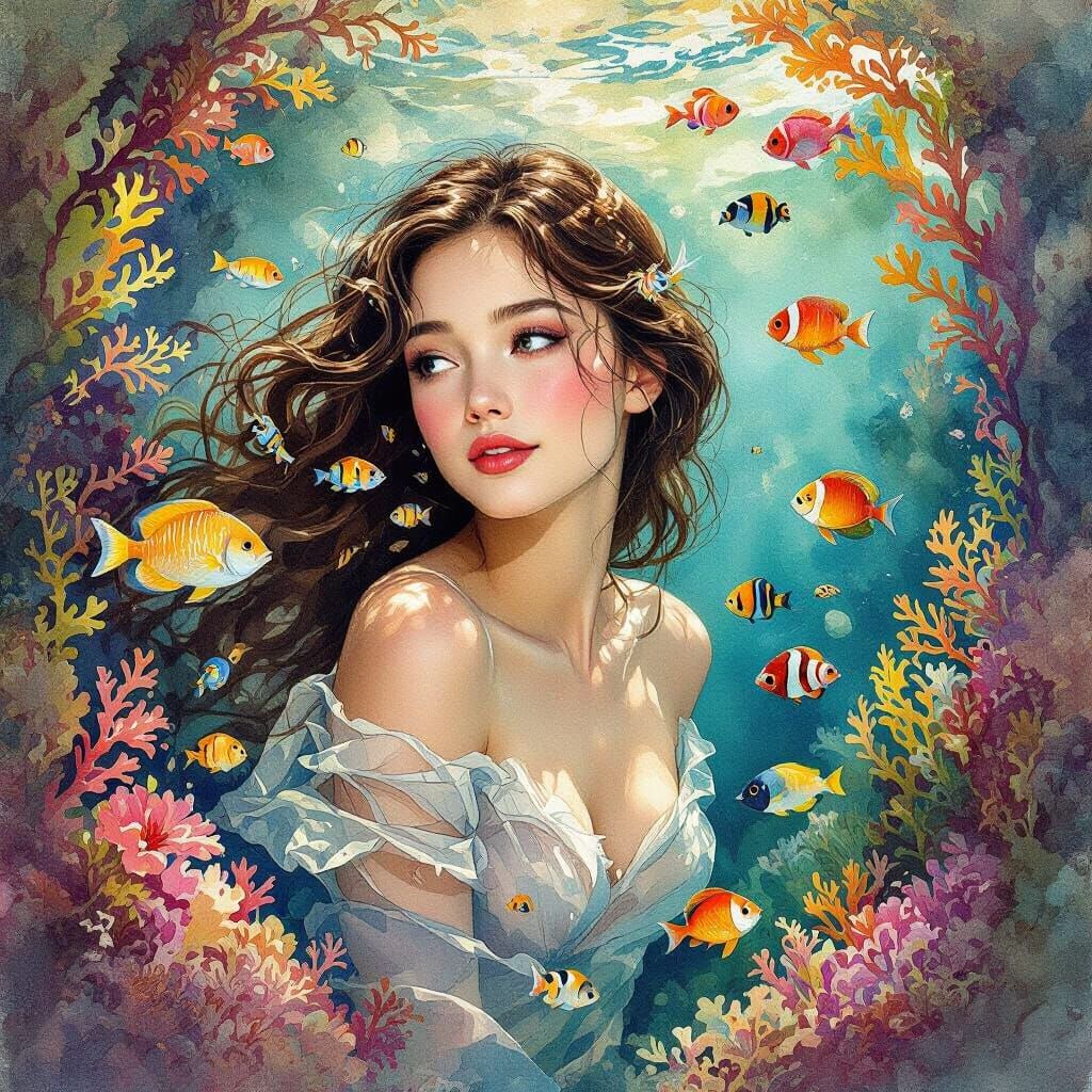 Ethereal Underwater Scene: Woman Among Kelp and Fish