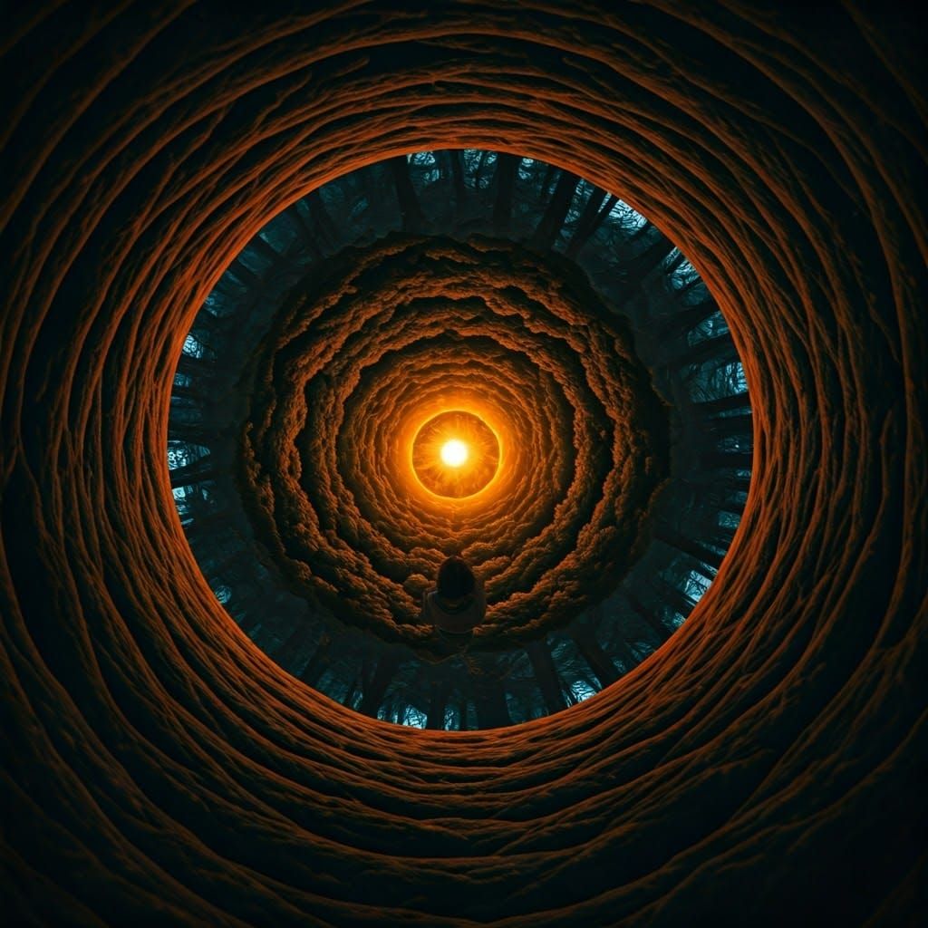 Woman Planting Sun in Warped Forest: Astrophotography