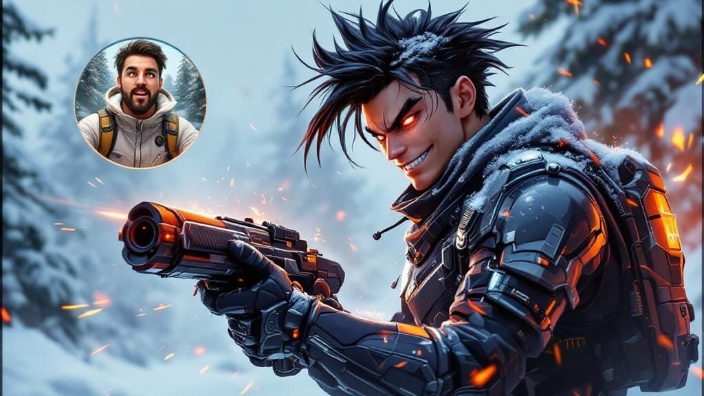 Futuristic Mobile Gamer on Snowy Battlefield