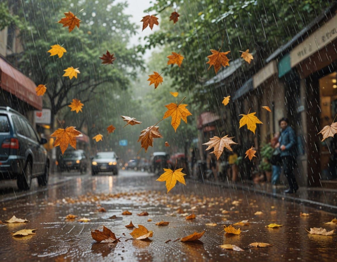 Autumn Leaves Tumble in Heavy Rain as Dramatic Splash Art