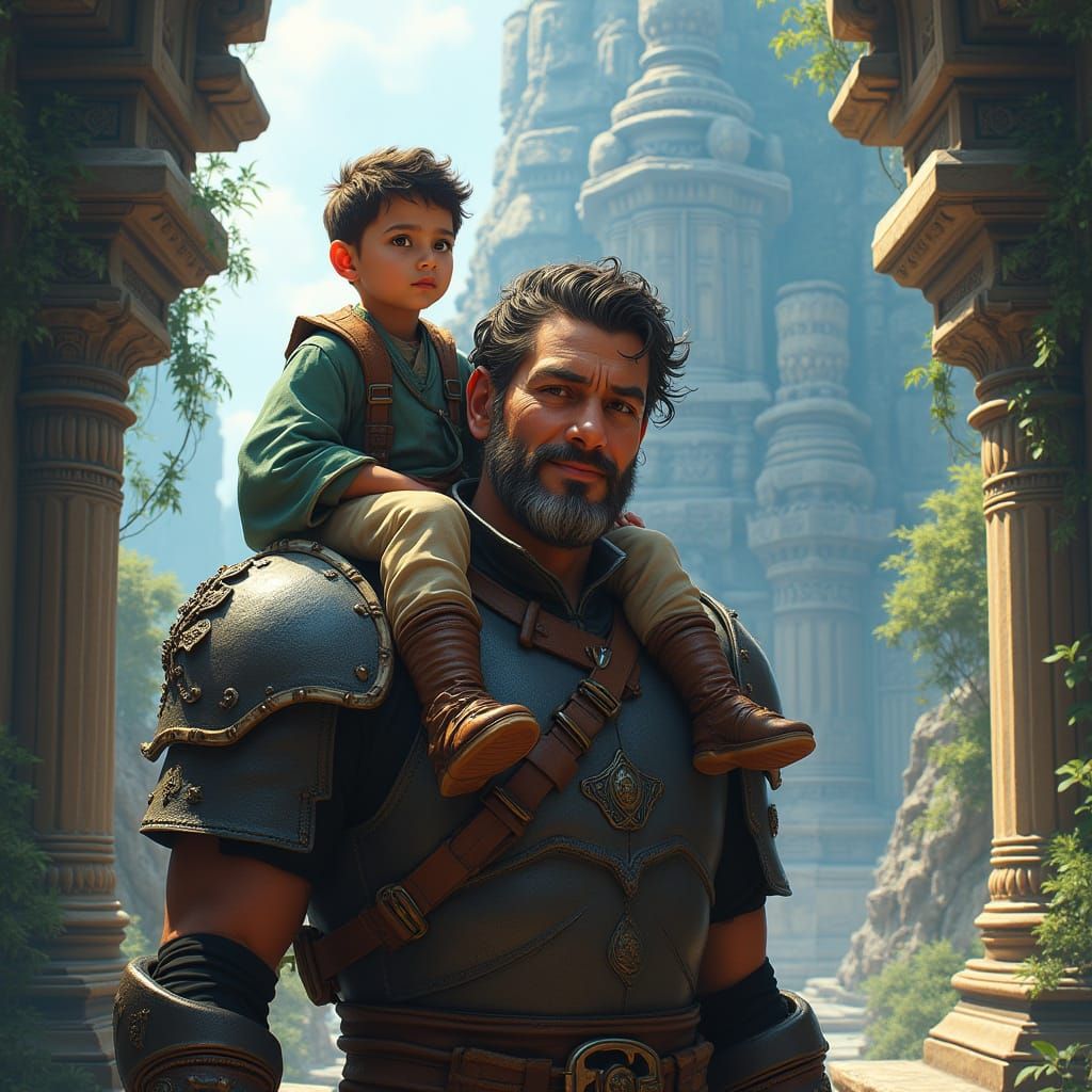 Boy on Father's Shoulder in Mystical Temple Scene