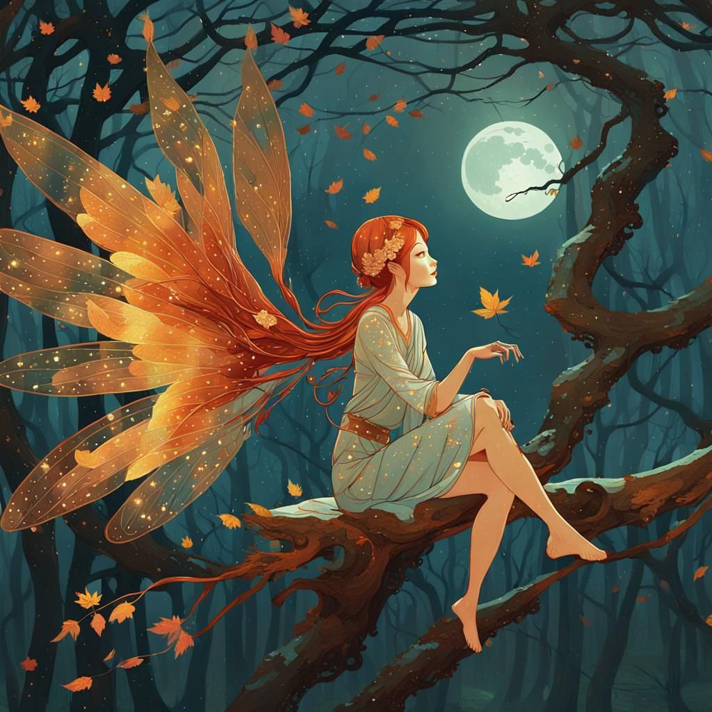 Ethereal Autumn Fairy in Moonlight, Detailed Illustration