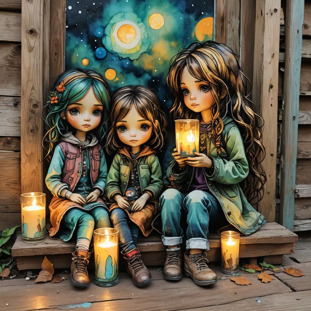 Dolls on a Porch at Sunrise in Folk Art Style