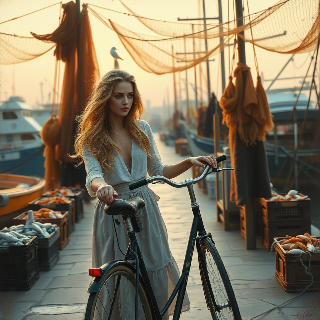 Harbor Dawn: Impressionistic Woman with Bicycle