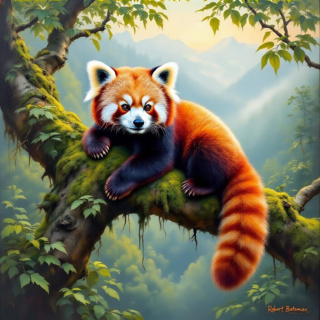 Red Panda Resting on Mossy Branch in Himalayan Forest