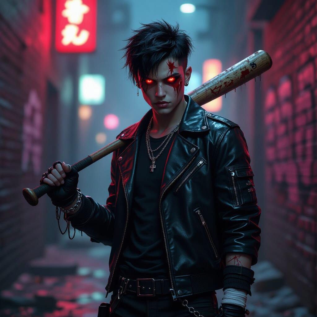 Fierce Gang Leader in Urban Alley, Hyper-Realistic Style