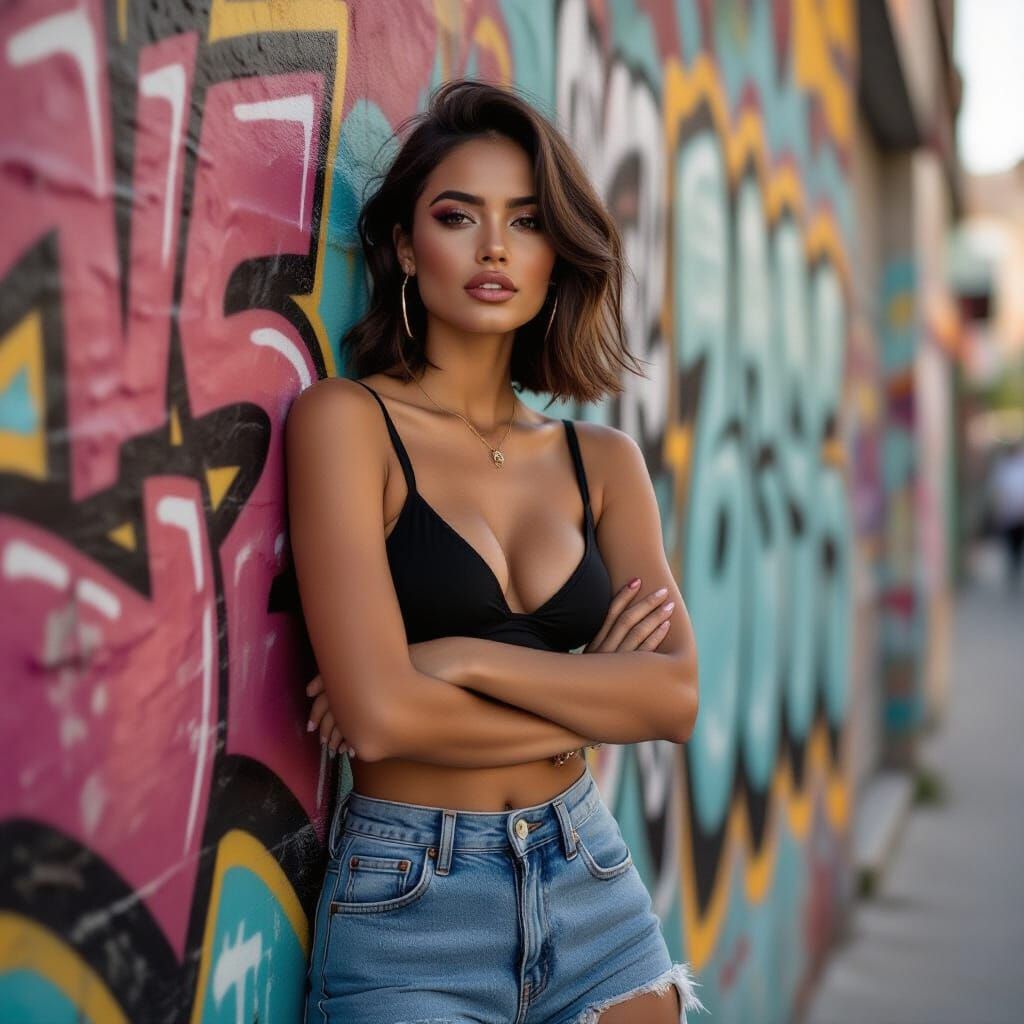 Bold Brazilian Woman in Urban Graffiti Scene
