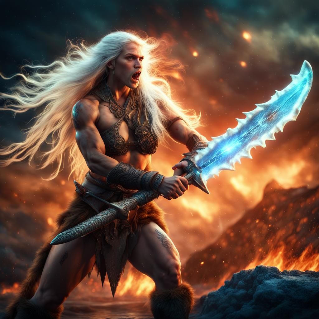 Fiery Barbarian with Ice Sword in Fantasy Landscape