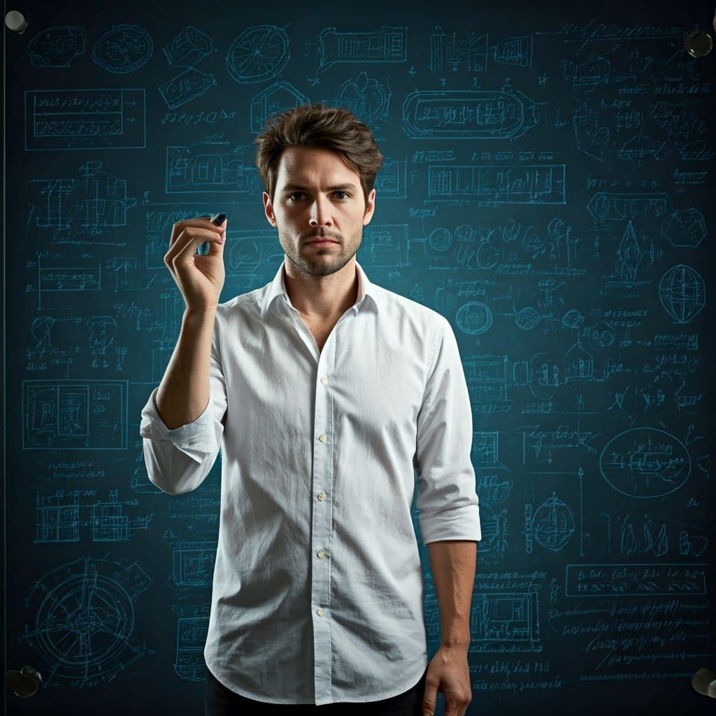 Man with Glass Blackboard in Futuristic Industrial Style